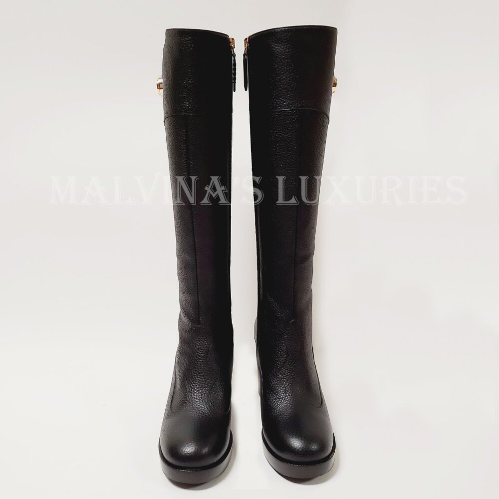 GUCCI BOOTS BLACK LEATHER TALL INTERLOCKING G LOGO sz IT 40.5 US 10.5 - Picture 4 of 16